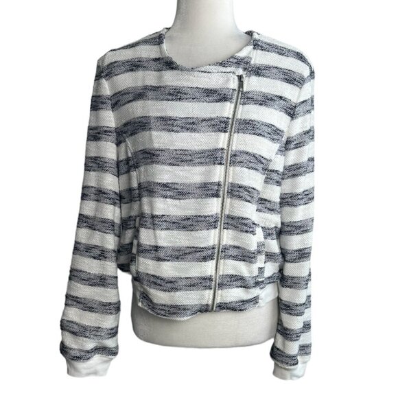 Sanctuary Asymmetric Zip Front Blue and White Striped Cropped Jacket Women's Lg - Picture 8 of 11